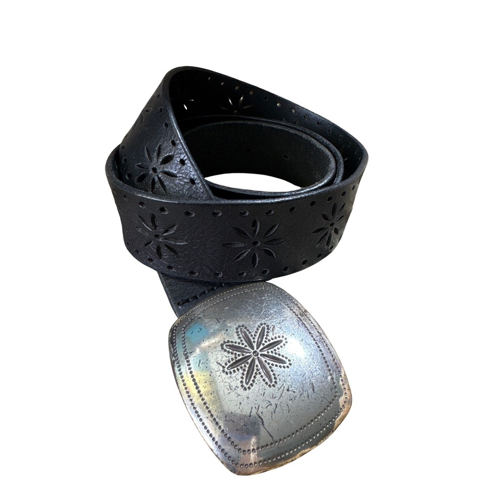 Candies Black Italian Leather Western Belt Floral‎ Perforated Silver Buckle L